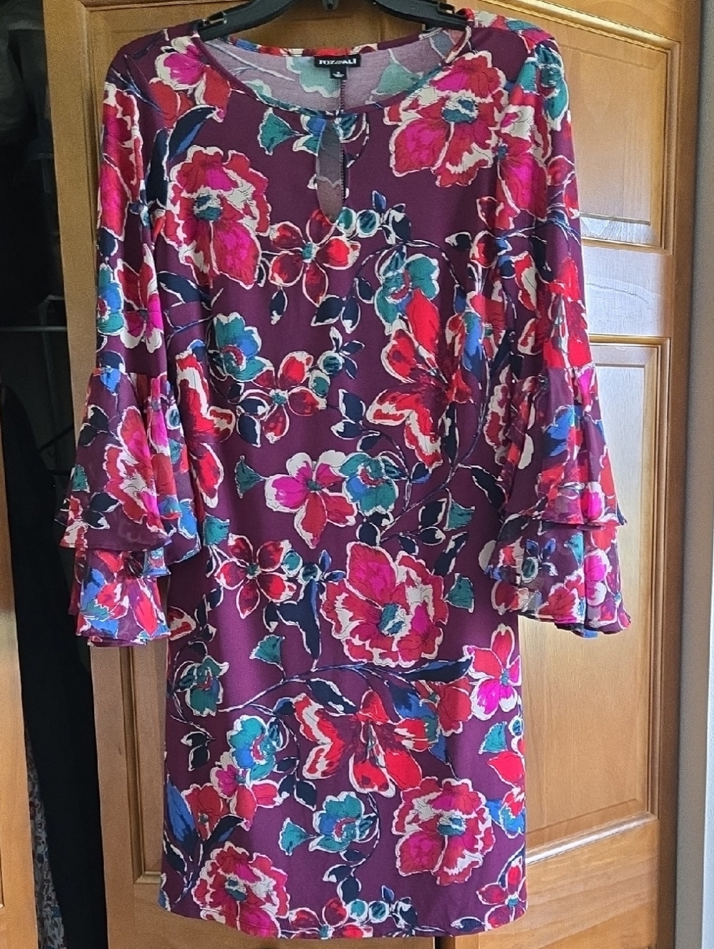 Roz & Ali Plum Floral Shift Dress with Pink, Red & Teal Accents
